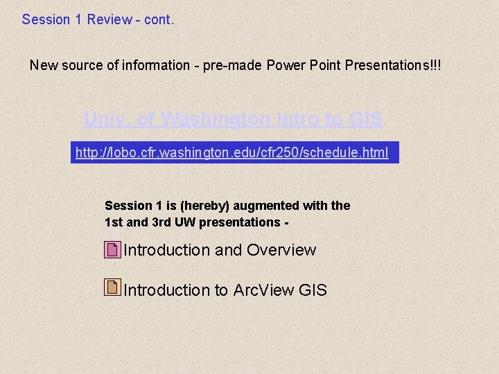 Session 1 Review - cont. New source of information - pre-made Power Point Presentations!!! Session 1 Review - cont. New source of information - pre-made Power Point Presentations!!!