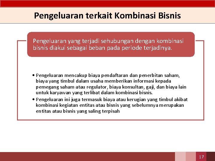 Pengeluaran terkait Kombinasi Bisnis Pengeluaran yang terjadi sehubungan dengan kombinasi bisnis diakui sebagai beban