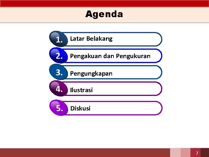 Agenda 1. Latar Belakang 2. Pengakuan dan Pengukuran 3. Pengungkapan 4. Ilustrasi 5. Diskusi