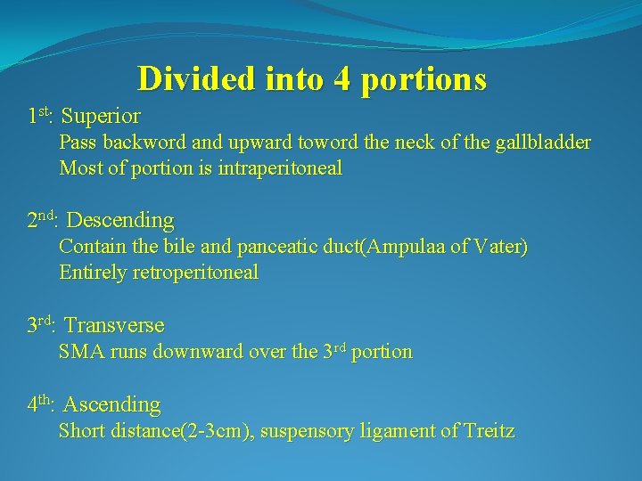 Divided into 4 portions 1 st: Superior Pass backword and upward toword the neck