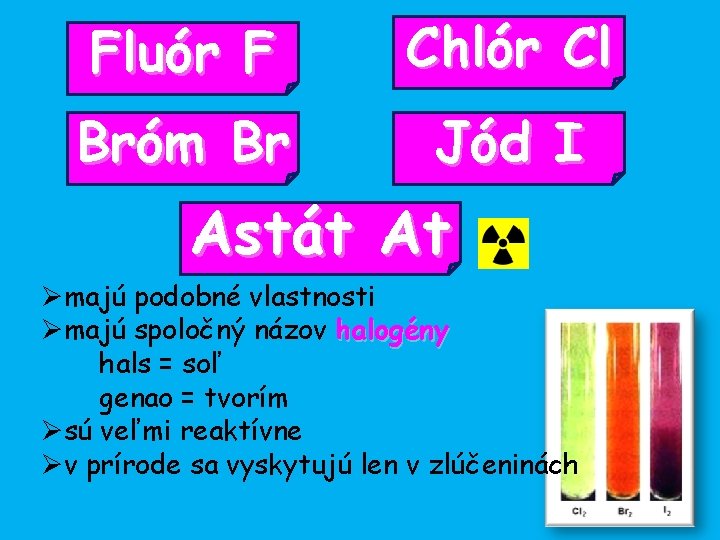 Fluór F Chlór Cl Bróm Br Jód I Astát At Ømajú podobné vlastnosti Ømajú