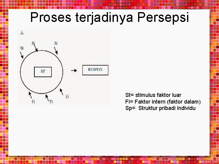 Proses terjadinya Persepsi St= stimulus faktor luar Fi= Faktor intern (faktor dalam) Sp= Struktur