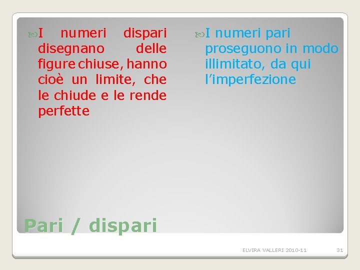 I numeri dispari disegnano delle figure chiuse, hanno cioè un limite, che le I numeri dispari disegnano delle figure chiuse, hanno cioè un limite, che le