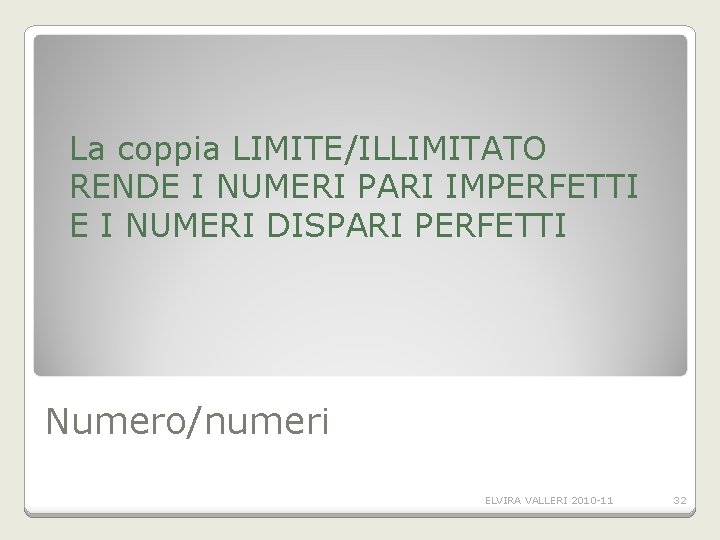 La coppia LIMITE/ILLIMITATO RENDE I NUMERI PARI IMPERFETTI E I NUMERI DISPARI PERFETTI Numero/numeri La coppia LIMITE/ILLIMITATO RENDE I NUMERI PARI IMPERFETTI E I NUMERI DISPARI PERFETTI Numero/numeri