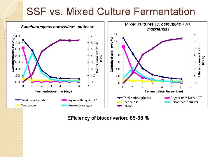SSF vs. Mixed Culture Fermentation Mixed cultures (S. cerevisiae + Kl. marxianus) Saccharomyces cerevisiae+