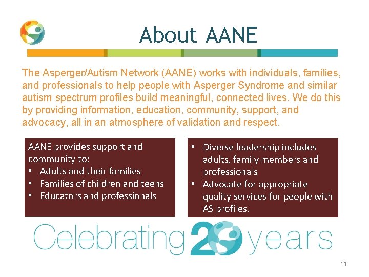 About AANE The Asperger/Autism Network (AANE) works with individuals, families, and professionals to help