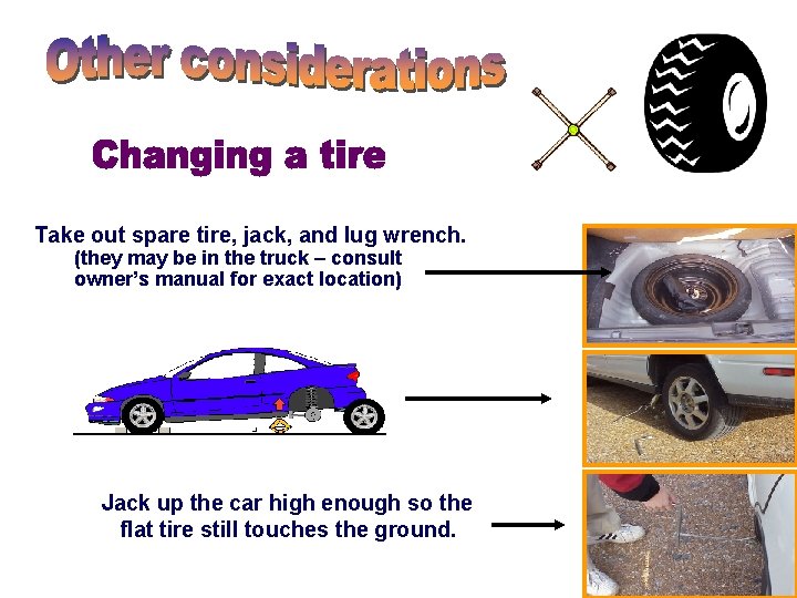 Take out spare tire, jack, and lug wrench. (they may be in the truck Take out spare tire, jack, and lug wrench. (they may be in the truck