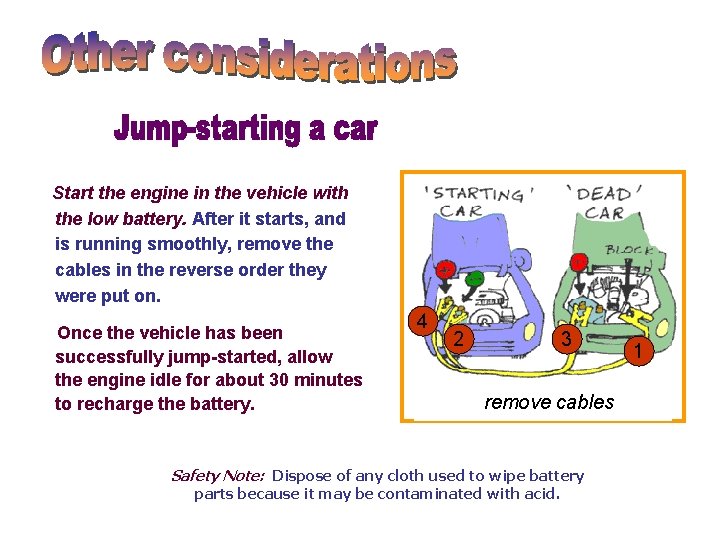 Start the engine in the vehicle with the low battery. After it starts, and Start the engine in the vehicle with the low battery. After it starts, and