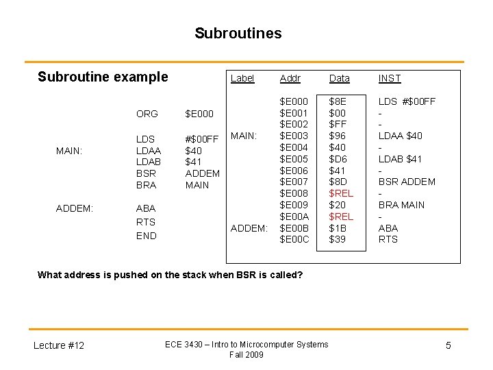 Subroutines Subroutine example MAIN: ADDEM: Label ORG $E 000 LDS LDAA LDAB BSR BRA
