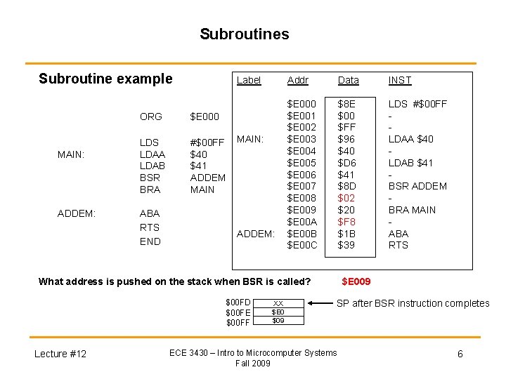 Subroutines Subroutine example MAIN: ADDEM: Label ORG $E 000 LDS LDAA LDAB BSR BRA