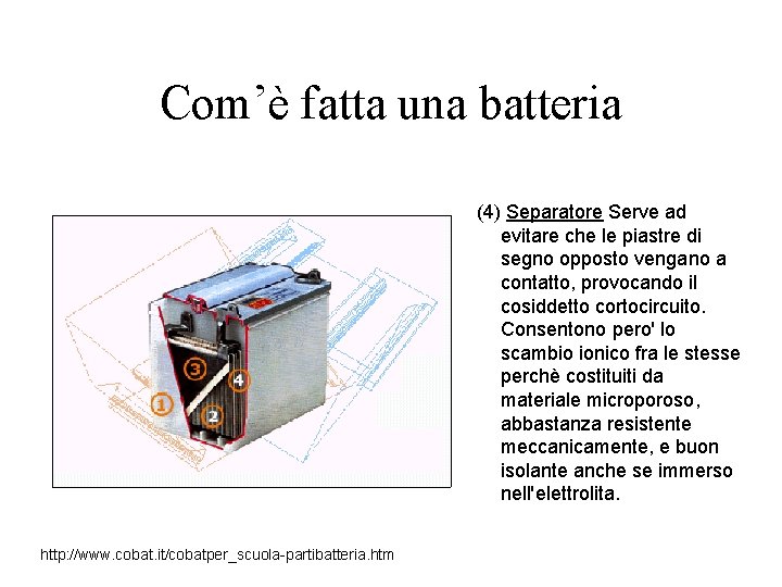 Com’è fatta una batteria (4) Separatore Serve ad evitare che le piastre di segno