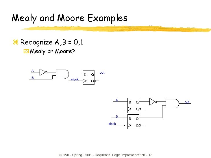 Mealy and Moore Examples z Recognize A, B = 0, 1 y Mealy or