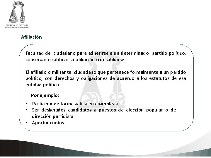 Afiliación Facultad del ciudadano para adherirse a un determinado partido político, conservar o ratificar