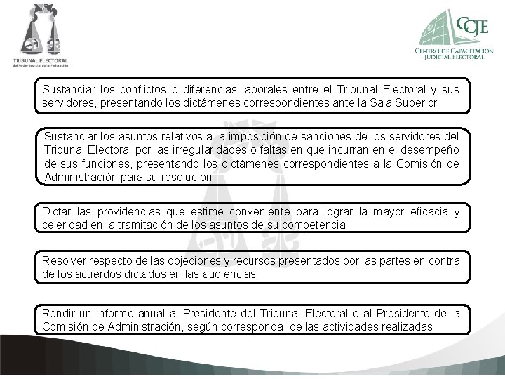 Sustanciar los conflictos o diferencias laborales entre el Tribunal Electoral y sus servidores, presentando