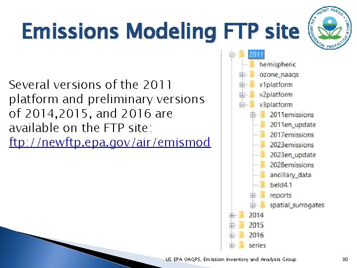 Emissions Modeling FTP site Several versions of the 2011 platform and preliminary versions of