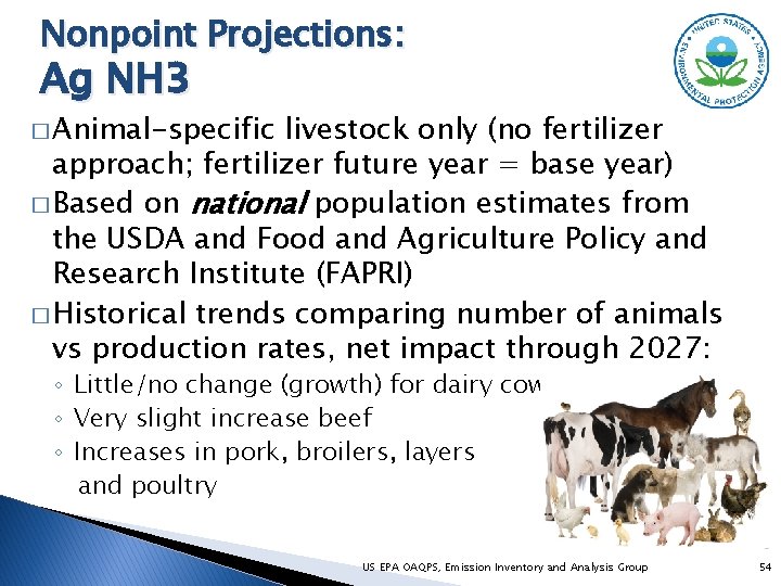 Nonpoint Projections: Ag NH 3 � Animal-specific livestock only (no fertilizer approach; fertilizer future