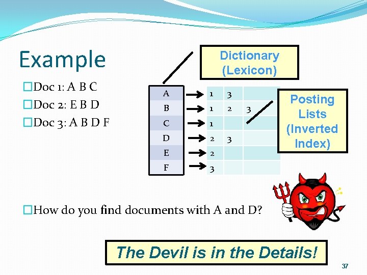 Example �Doc 1: A B C �Doc 2: E B D �Doc 3: A