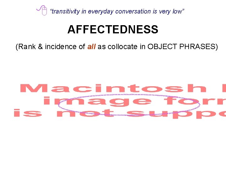  “transitivity in everyday conversation is very low” AFFECTEDNESS (Rank & incidence of all