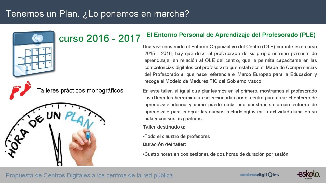 Tenemos un Plan. ¿Lo ponemos en marcha? curso 2016 - 2017 Talleres prácticos monográficos