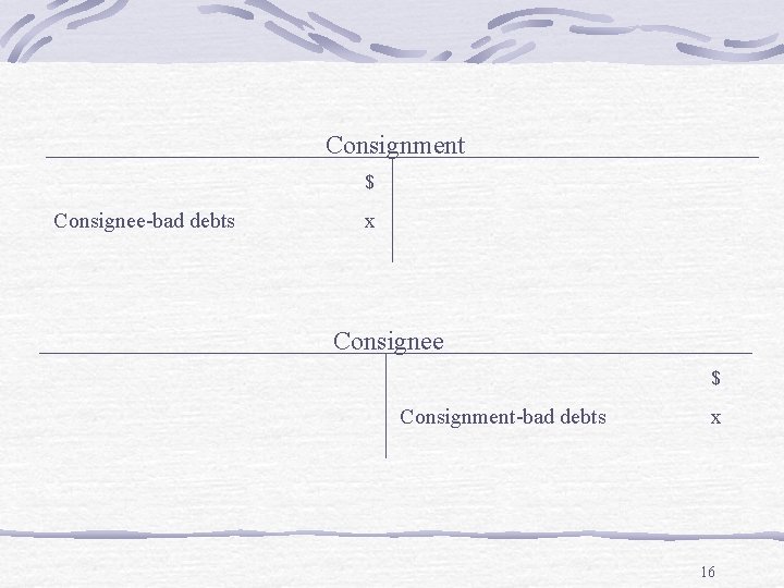Consignment $ Consignee-bad debts x Consignee $ Consignment-bad debts x 16 
