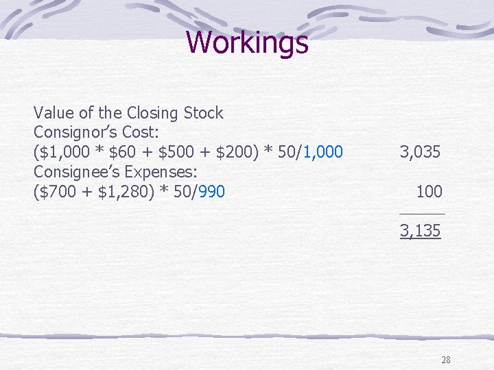 Workings Value of the Closing Stock Consignor’s Cost: ($1, 000 * $60 + $500