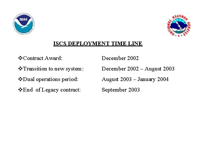 ISCS DEPLOYMENT TIME LINE v. Contract Award: December 2002 v. Transition to new system: