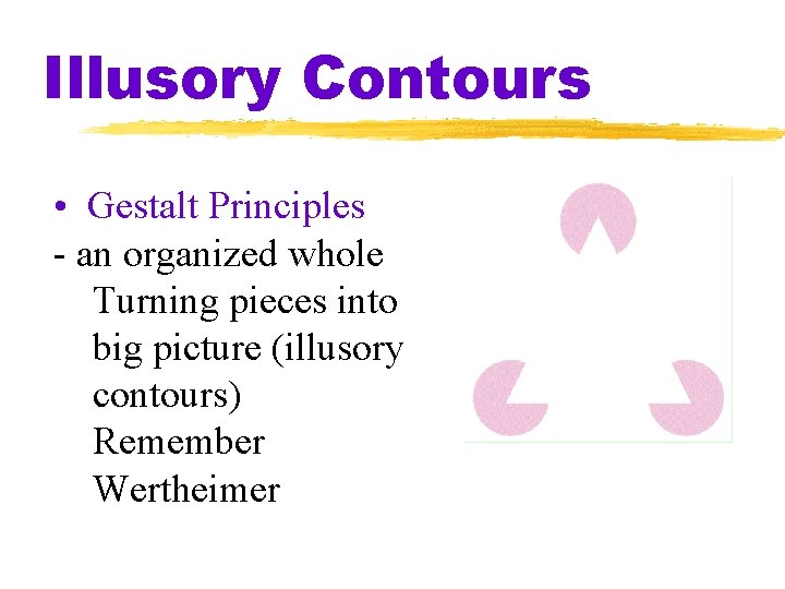 Illusory Contours • Gestalt Principles - an organized whole Turning pieces into big picture