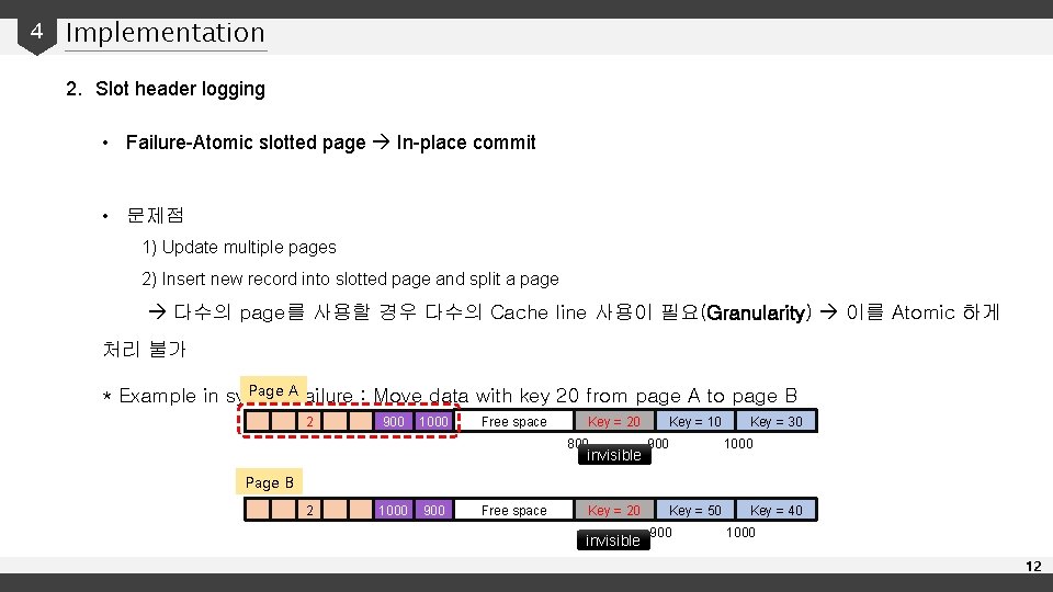 4 Implementation 2. Slot header logging • Failure-Atomic slotted page In-place commit • 문제점