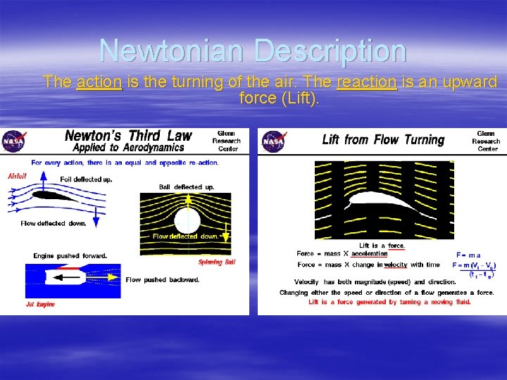 Newtonian Description The action is the turning of the air. The reaction is an