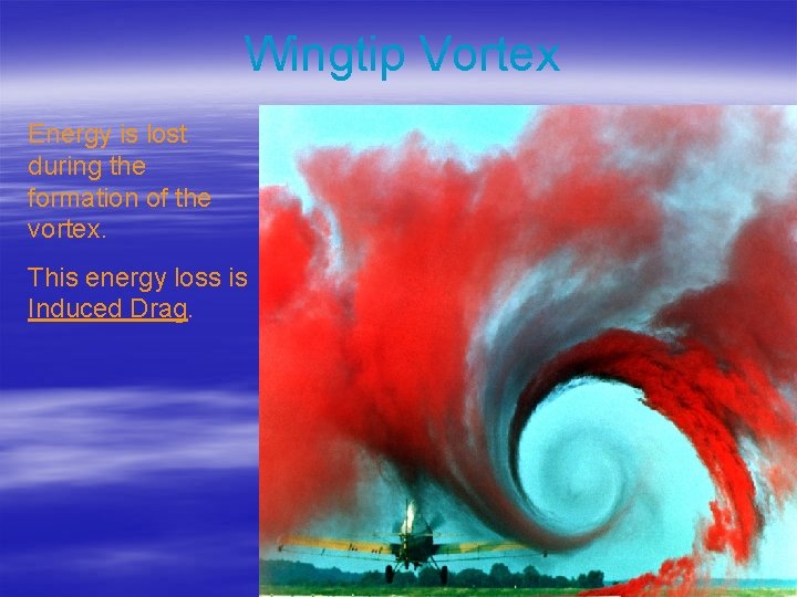 Wingtip Vortex Energy is lost during the formation of the vortex. This energy loss