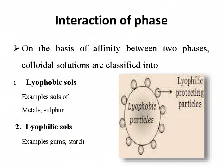 Interaction of phase On the basis of affinity between two phases, colloidal solutions are