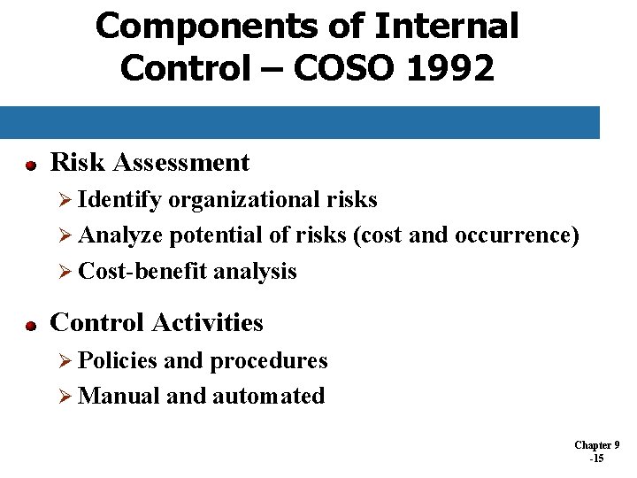 Components of Internal Control – COSO 1992 Risk Assessment Ø Identify organizational risks Ø Components of Internal Control – COSO 1992 Risk Assessment Ø Identify organizational risks Ø
