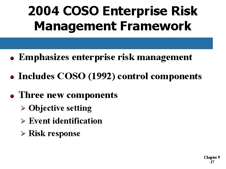 2004 COSO Enterprise Risk Management Framework Emphasizes enterprise risk management Includes COSO (1992) control 2004 COSO Enterprise Risk Management Framework Emphasizes enterprise risk management Includes COSO (1992) control