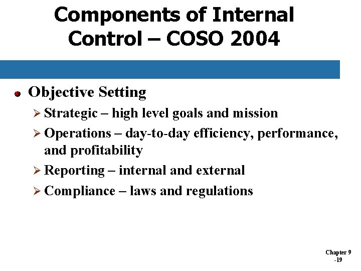 Components of Internal Control – COSO 2004 Objective Setting Ø Strategic – high level Components of Internal Control – COSO 2004 Objective Setting Ø Strategic – high level