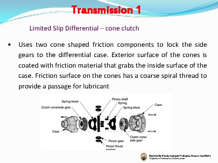 Transmission 1 Limited Slip Differential – cone clutch • Uses two cone shaped friction