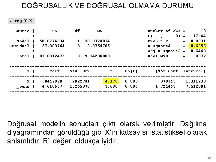 DOĞRUSALLIK VE DOĞRUSAL OLMAMA DURUMU. reg Y X Source | SS df MS -----+---------------Model