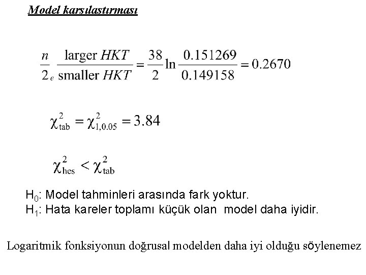 Model karşılaştırması H 0: Model tahminleri arasında fark yoktur. H 1: Hata kareler toplamı