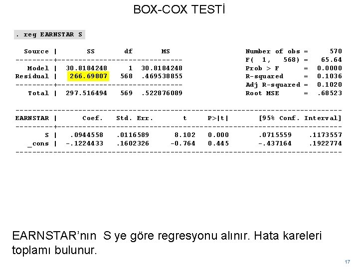 BOX-COX TESTİ. reg EARNSTAR S Source | SS df MS -----+---------------Model | 30. 8184248