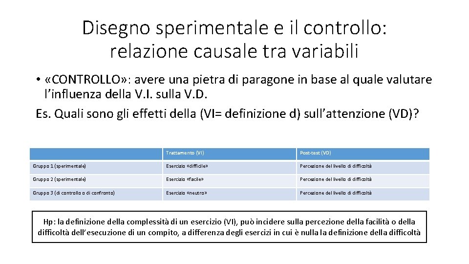 Disegno sperimentale e il controllo: relazione causale tra variabili • «CONTROLLO» : avere una