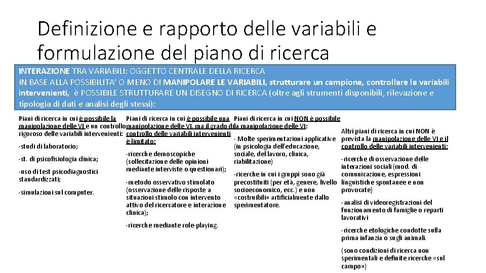 Definizione e rapporto delle variabili e formulazione del piano di ricerca INTERAZIONE TRA VARIABILI: