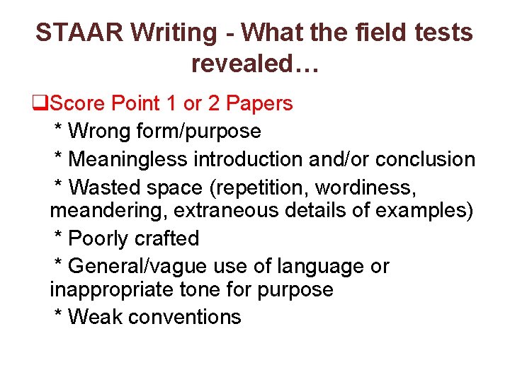 STAAR Writing - What the field tests revealed… q. Score Point 1 or 2