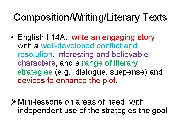 Composition/Writing/Literary Texts • English I 14 A: write an engaging story with a well-developed