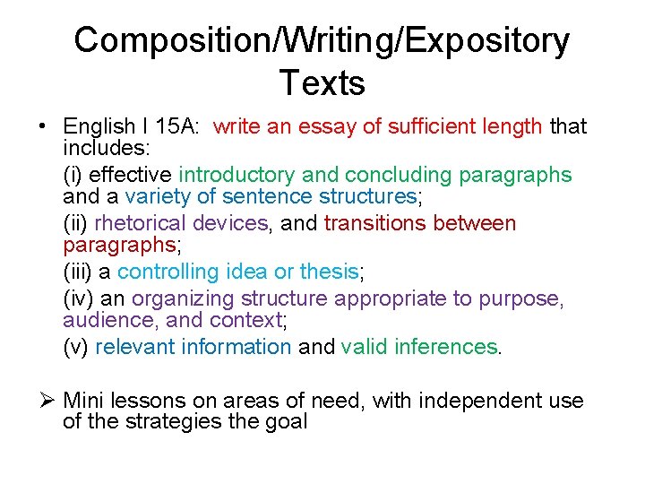 Composition/Writing/Expository Texts • English I 15 A: write an essay of sufficient length that