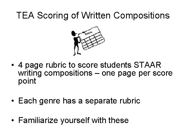 TEA Scoring of Written Compositions • 4 page rubric to score students STAAR writing