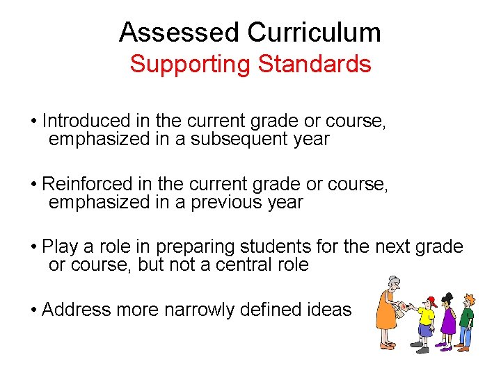 Assessed Curriculum Supporting Standards • Introduced in the current grade or course, emphasized in