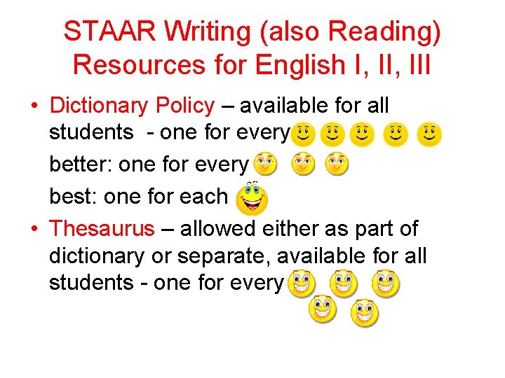 STAAR Writing (also Reading) Resources for English I, III • Dictionary Policy – available