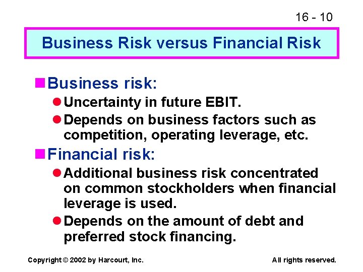 16 - 10 Business Risk versus Financial Risk n Business risk: l Uncertainty in