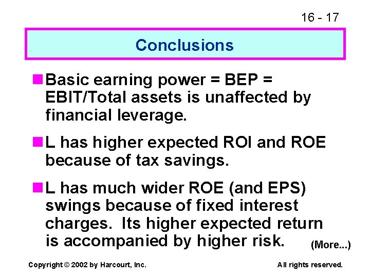 16 - 17 Conclusions n Basic earning power = BEP = EBIT/Total assets is