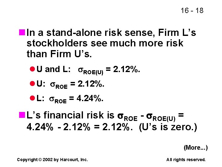 16 - 18 n In a stand-alone risk sense, Firm L’s stockholders see much