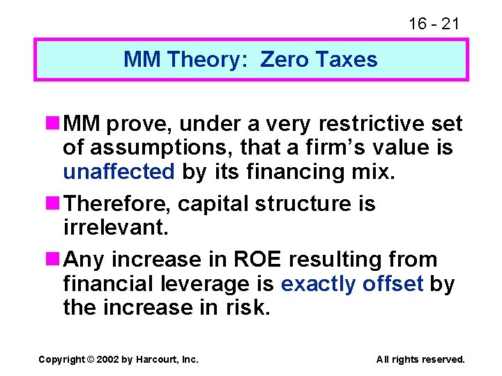 16 - 21 MM Theory: Zero Taxes n MM prove, under a very restrictive